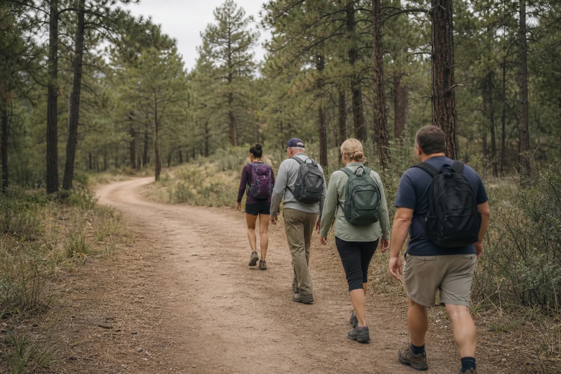 Four hikers of different ages walking together along a forest trail